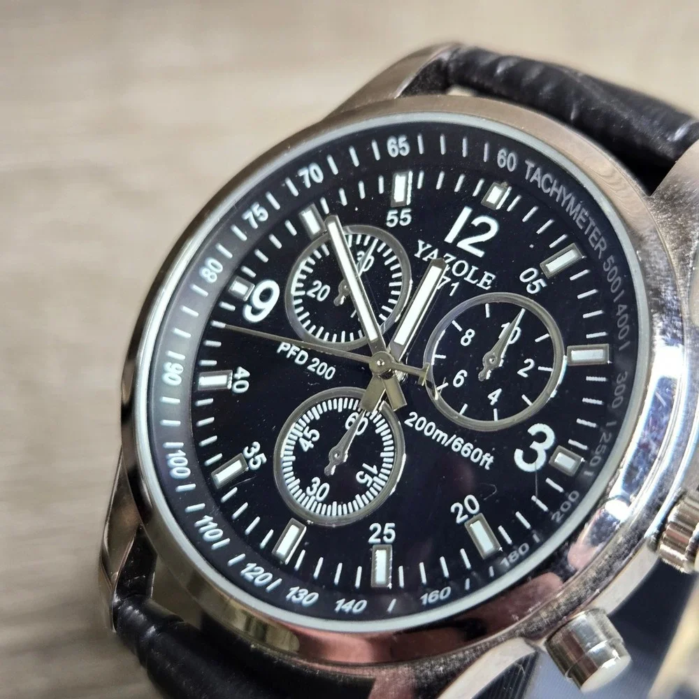 Yazole Chronograph Black Dial Stainless Steel Watch Leather Strap Tested